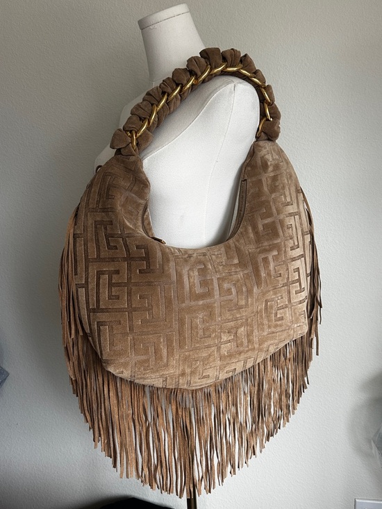 Balmain Handbags - RARE Balmain Ébène Suede Fringe Hobo Bag with Gold Chain Strap